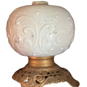 Victorian Opal Milk Glass Base SCROLL & PLUMES FG Co Ornate Cast Iron Base